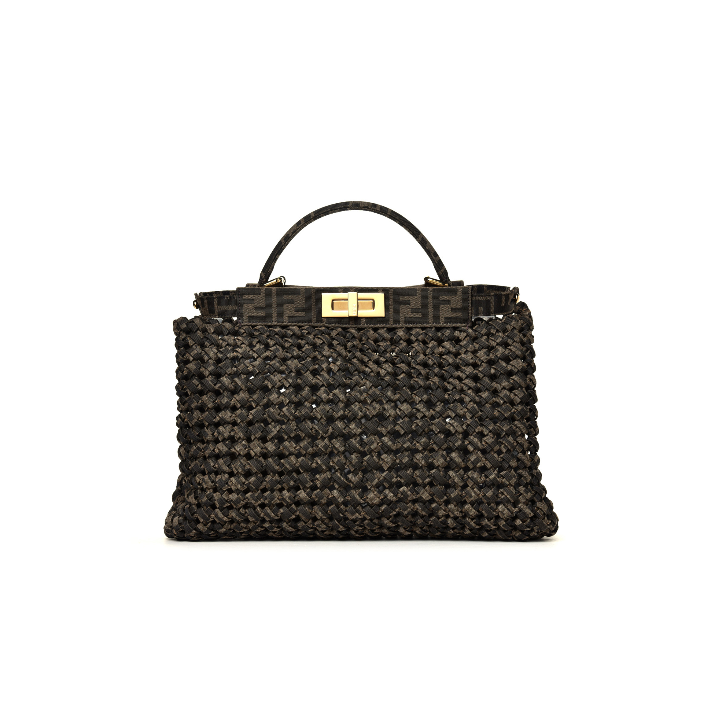 F**di fabric jacquard ff 1974 woven knotted medium peekaboo iconic satchel tobacco moro (34*25*13cm)
